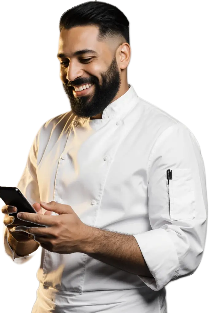 A chef checks an order on his phone with a smile