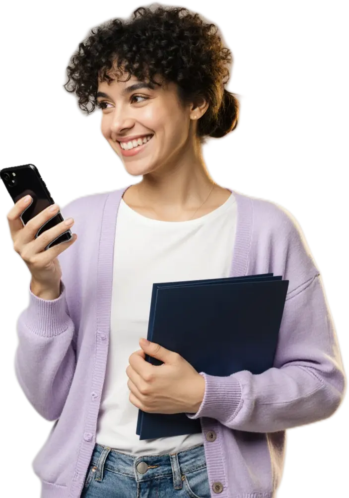 An academy coordinator smiles with her folder and her phone