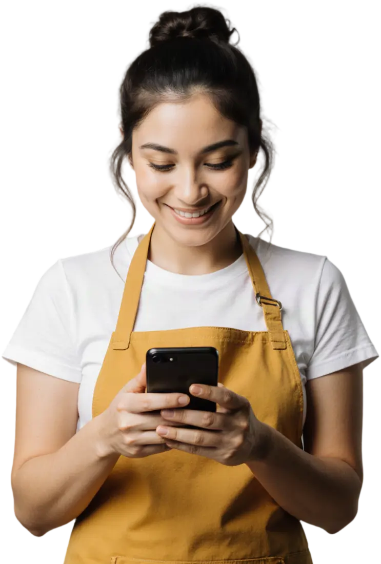 A bakery owner smiles while reading a message on her phone