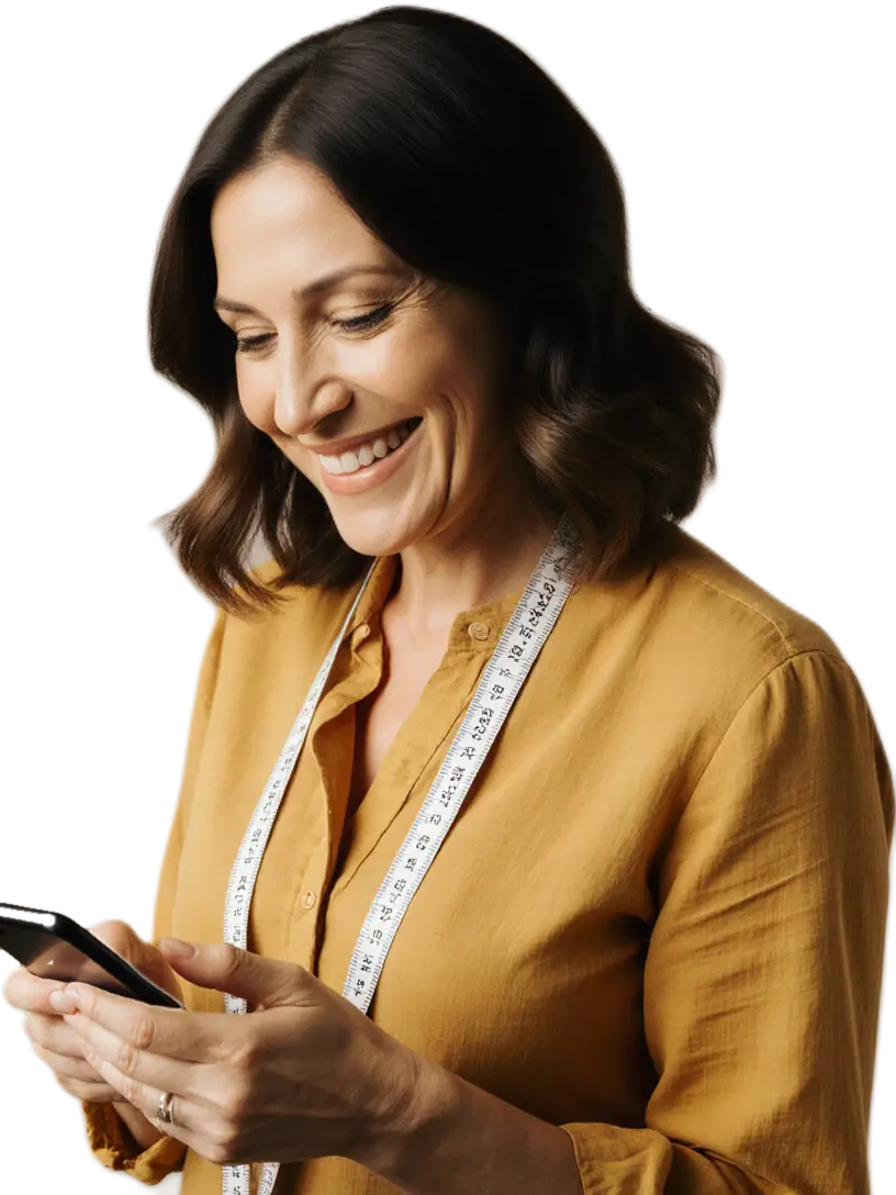 A clothing store owner replies from her phone with a smile