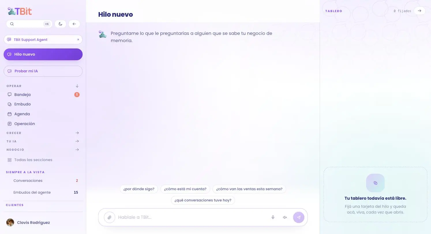 Real screenshot of the TBit app: the chat with the agent on the left and the customer funnel beside it
