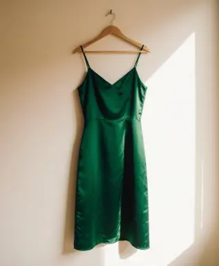 Photo of the green satin dress in the catalog