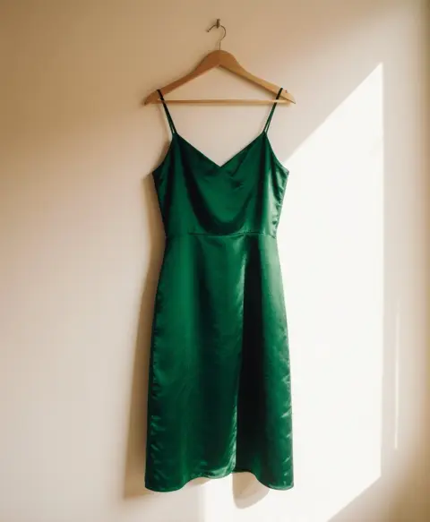 Photo of the green satin dress hanging on the store wall